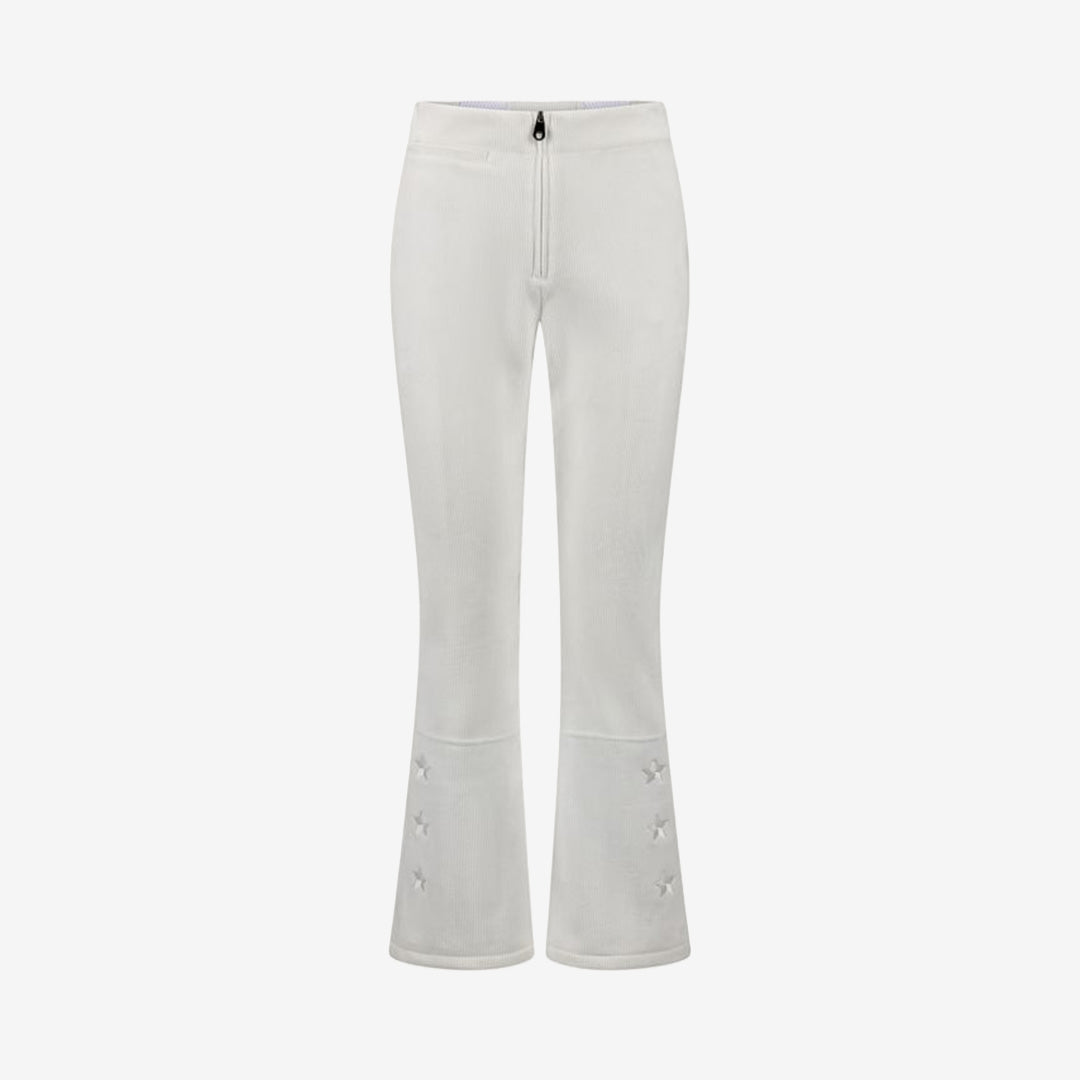 Monel Jackie Pants i White, vita skidbyxor i mjuk manchester med hög midja, stretch, tunt fleecefoder och dragkedja vid bensluten.