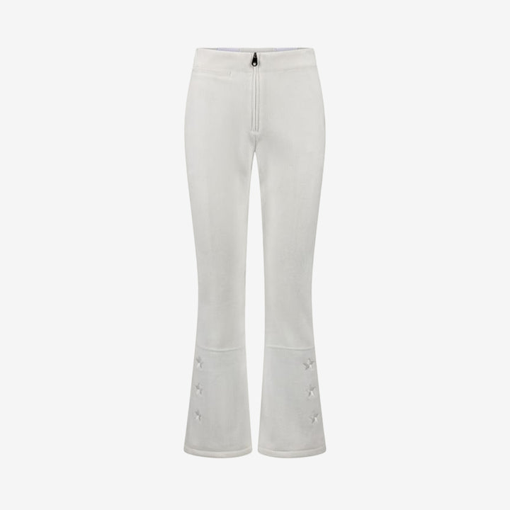 Monel Jackie Pants i White, vita skidbyxor i mjuk manchester med hög midja, stretch, tunt fleecefoder och dragkedja vid bensluten.