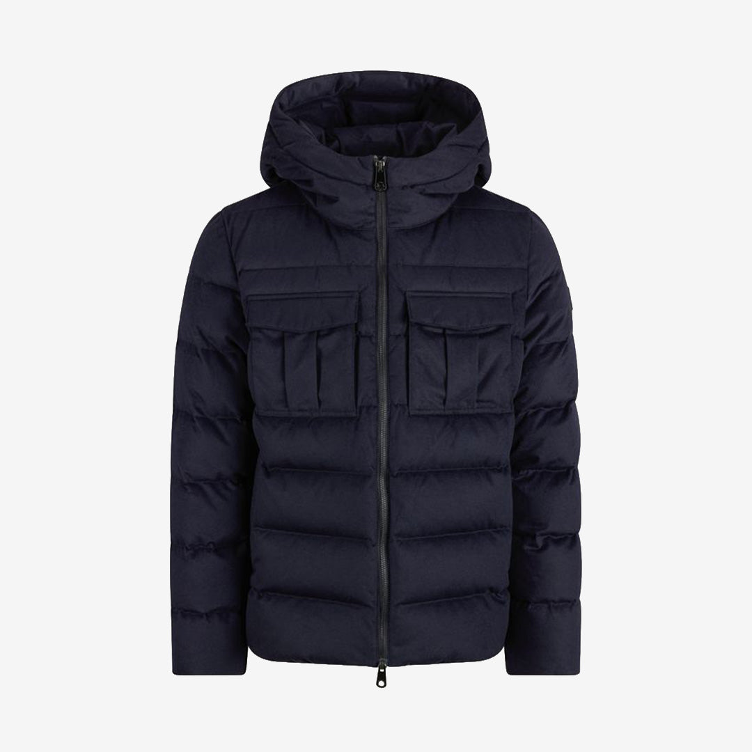 Monel Tignes Wool jacka för herr i Dark Navy, mörkblå jacka i ullblandning med 90 % dun och 10 % fjäder för värme under kyliga dagar.