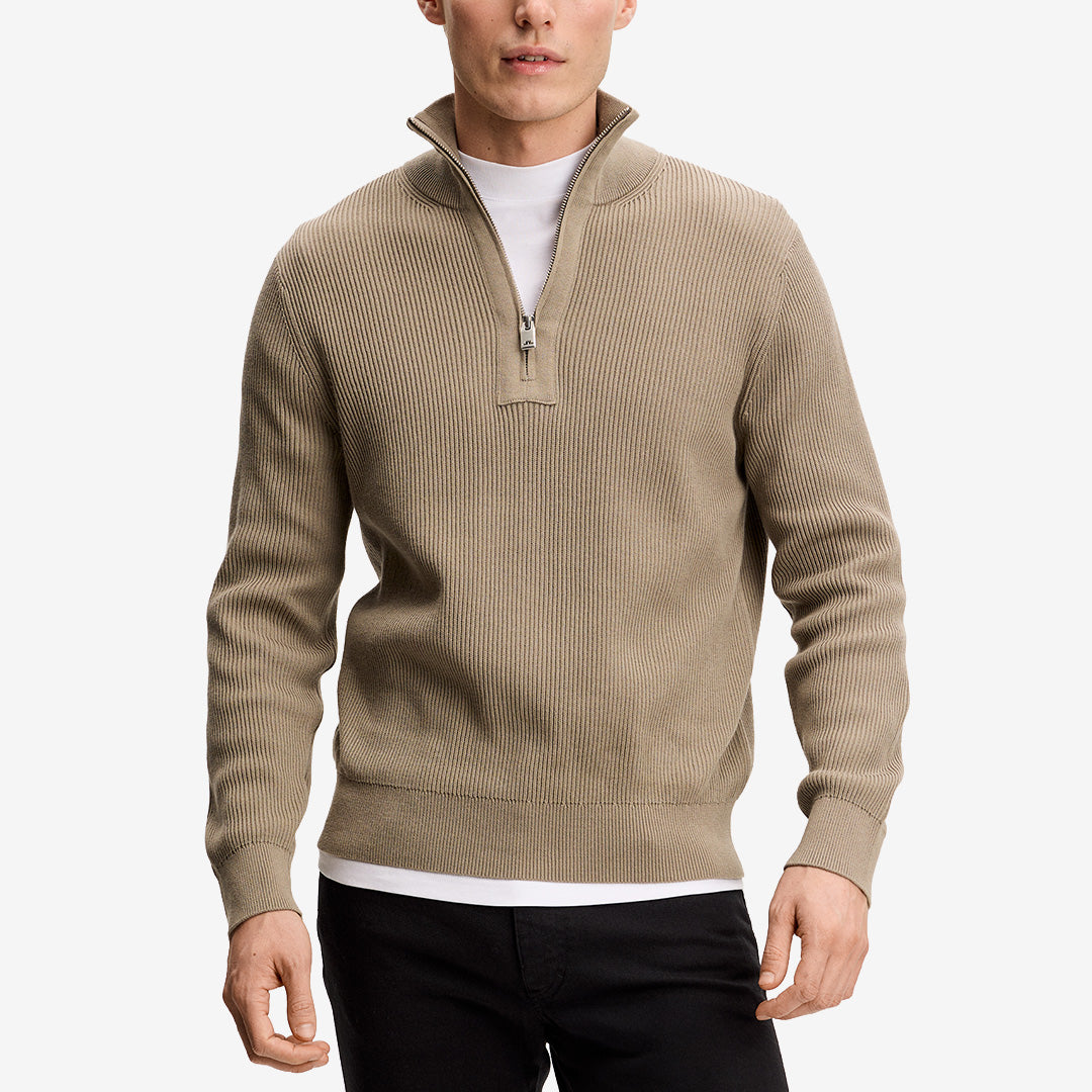 Alex Half Zip Knitted Sweater i 100% ekologisk bomull, färg Brindle, modell FMKW15384