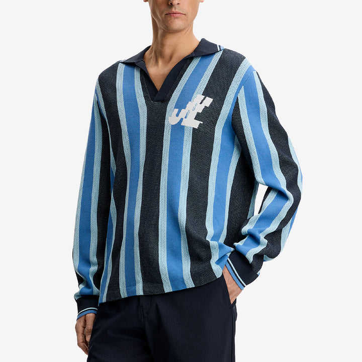 Silas Stripe Polo Knit i viskos och polyester, färg Navy, modell FMKW15444