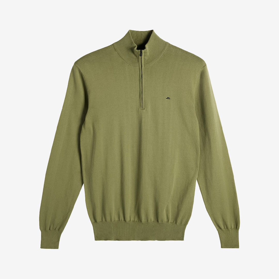 J. Lindeberg FMKW17011 M Cotton Quarter Zip i Olivine med kort dragkedja och stickad bomullskvalitet för herr