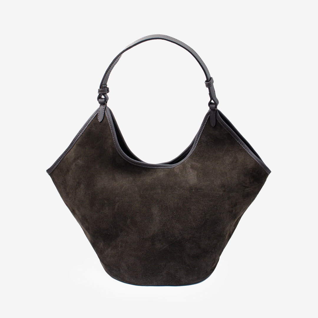 Ferrara shoppingväska i äkta mocka med nappaläderhandtag och dragkedja