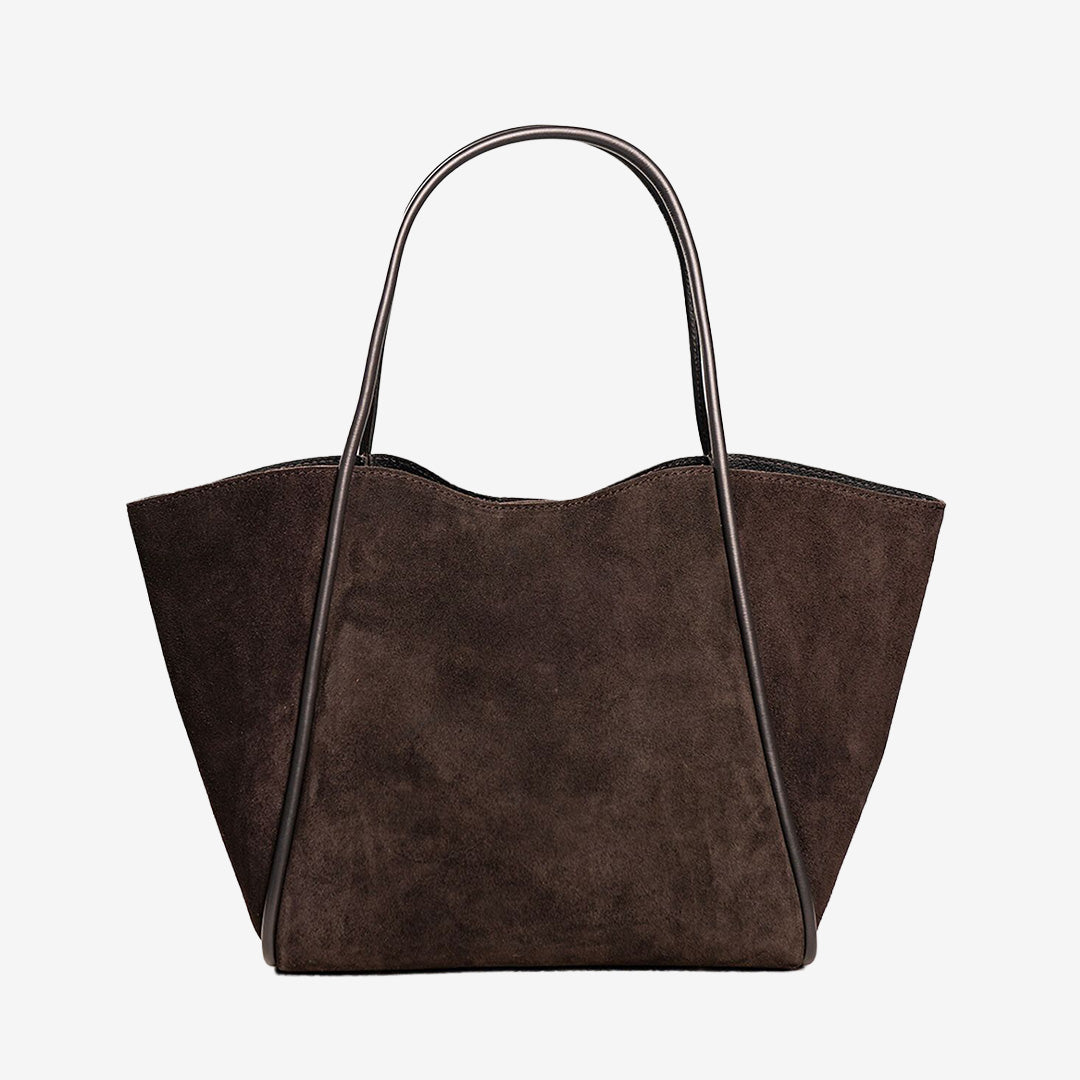 mörkbrun Florence XL väska i äkta mocka med extra pouchette och axelrem