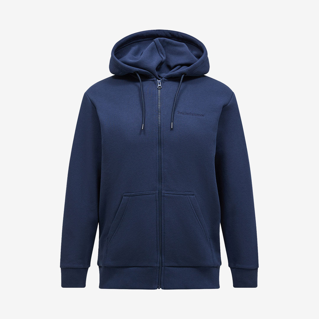 Zip-hoodie från Peak Performance för herr i färgen Blue Shadow med diskret logotyp och mjuk insida.