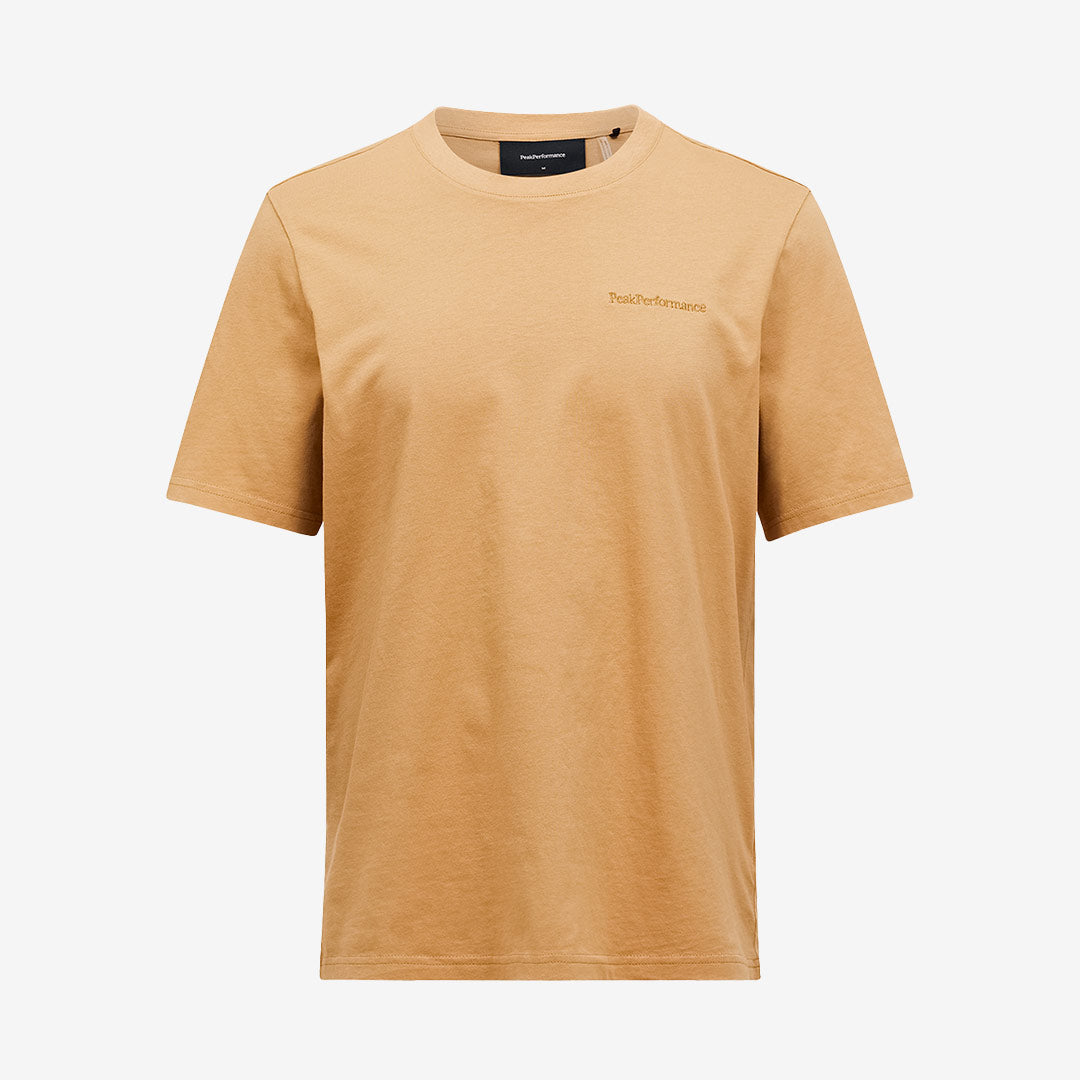 Beige Peak Performance t-shirt med liten logga på bröstet – herrmodell i bomull
