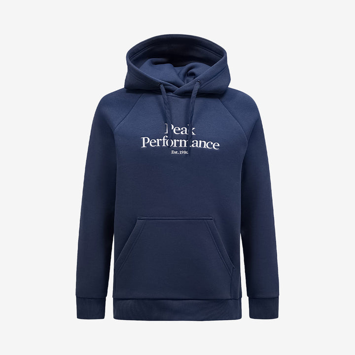 Hoodie från Peak Performance för herr i Blue Shadow med kontrasterande Off White-huva och mjuk insida.