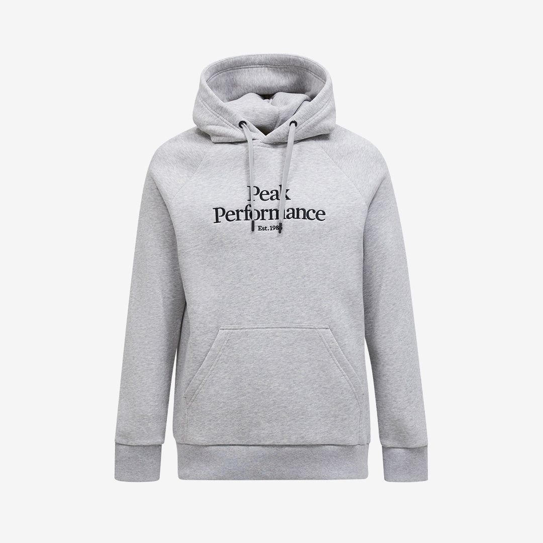 Peak Performance Original Small Logo Hood hoodie i Med Grey Melange/Black med diskret logotyp och mjuk bomullsblandning.