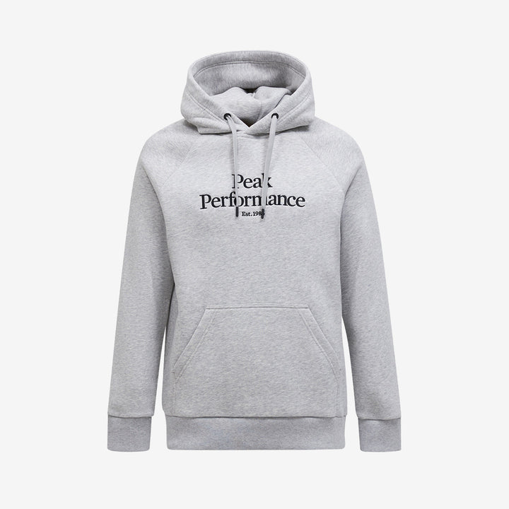 Peak Performance Original Small Logo Hood hoodie i Med Grey Melange/Black med diskret logotyp och mjuk bomullsblandning.