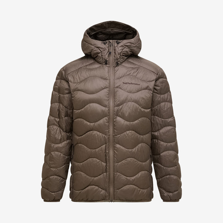 Helium Down Hood jacka från Peak Performance för herr i Terrain Tan med quiltad design och huva.