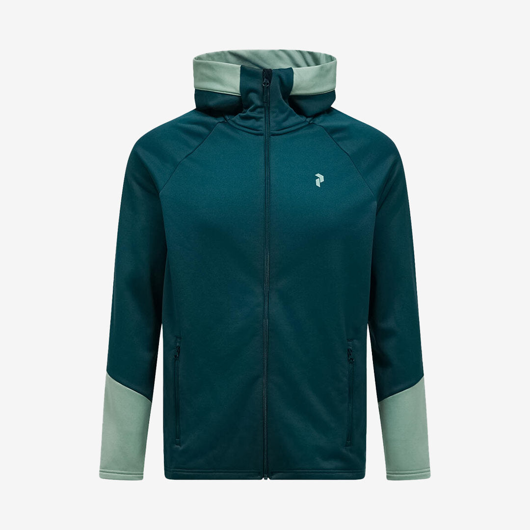 Zip hood mellanlagerjacka från Peak Performance för herr i Ponderosa Pine med stretchigt, snabbtorkande material.