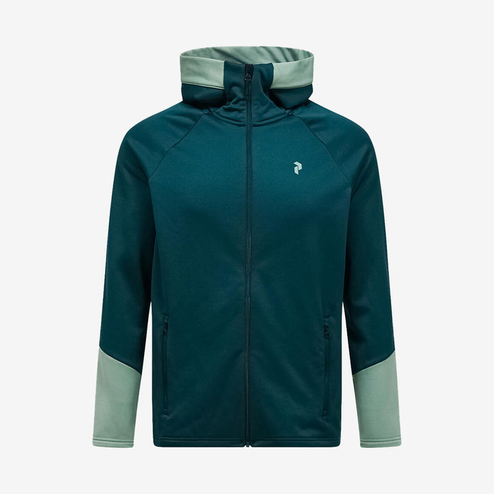 Zip hood mellanlagerjacka från Peak Performance för herr i Ponderosa Pine med stretchigt, snabbtorkande material.