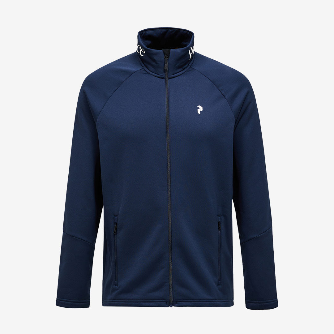 Mellanlagerjacka med dragkedja från Peak Performance för herr i Blue Shadow och svart med tekniskt stretchmaterial.