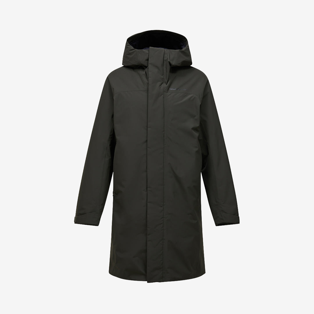 Peak Performance Treeline Insulated Parka i Olive Extreme med HIPE®-teknik, lätt isolering och väderskyddande konstruktion.