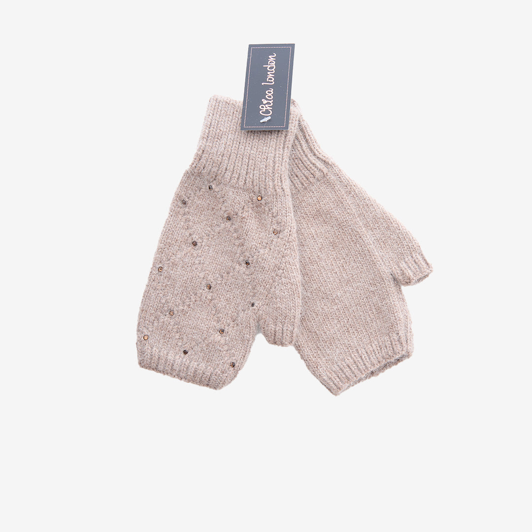 GT-7414 torgvante i taupe – stickad vante i ull och cashmere med öppen topp