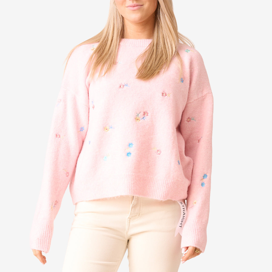 HA4433 stickad tröja Pink med blommönster i ullblandning