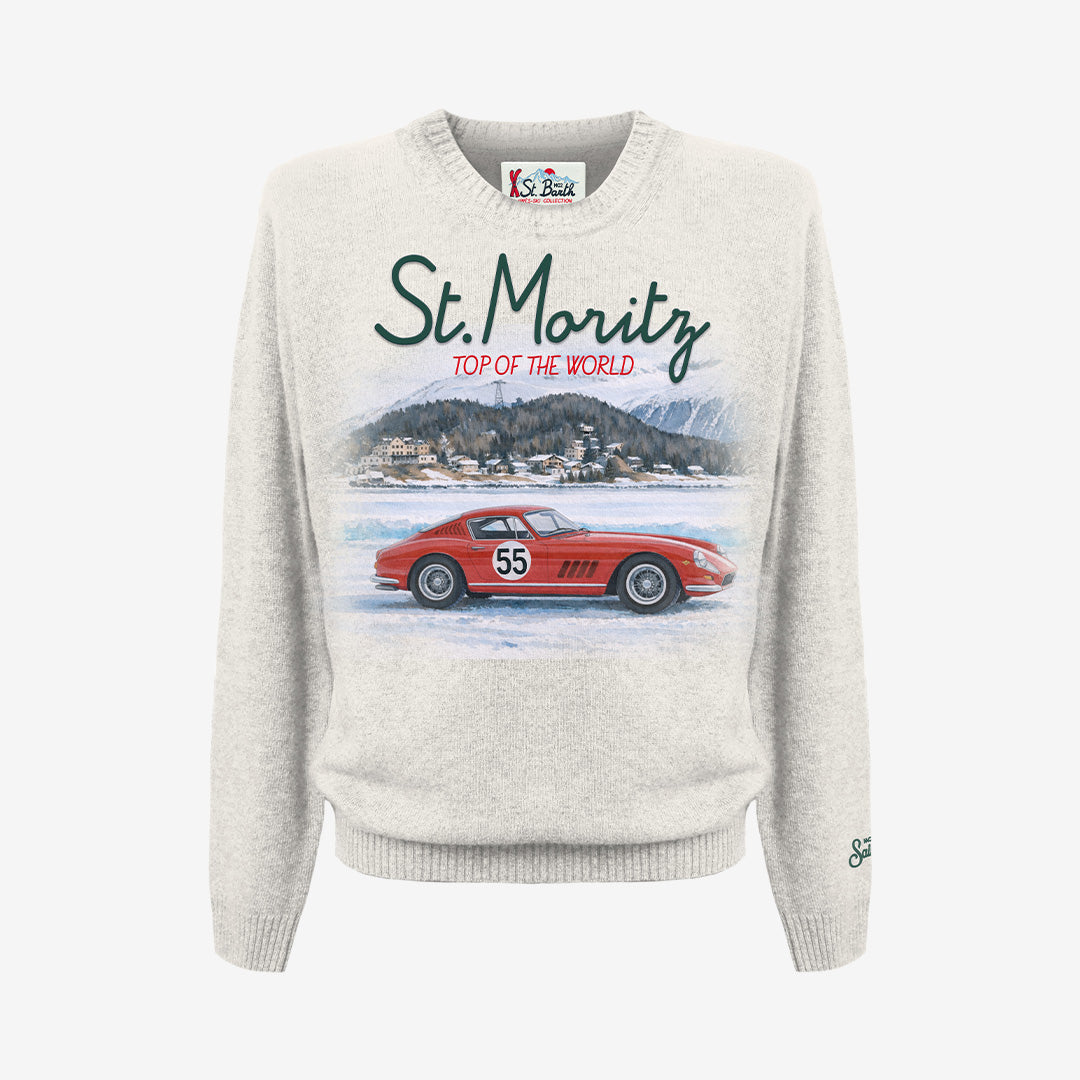 MC2 Saint Barth Heron Print rundhalsad tröja i ullblandning med St Moritz Top Car 10-motiv.