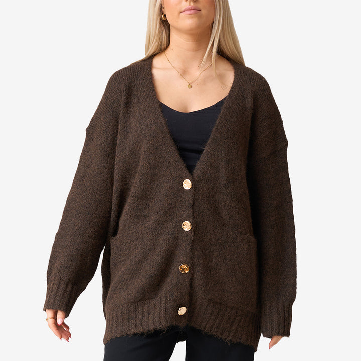JP-7985 stickad cardigan i coffee – öppen modell i varm brun nyans för dam