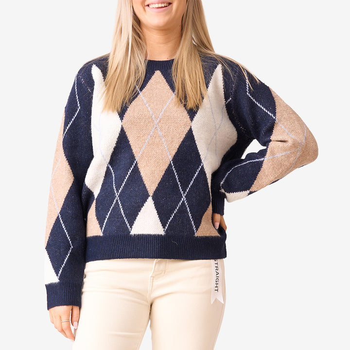 JP-8385 stickad tröja Navy Camel i ullblandning