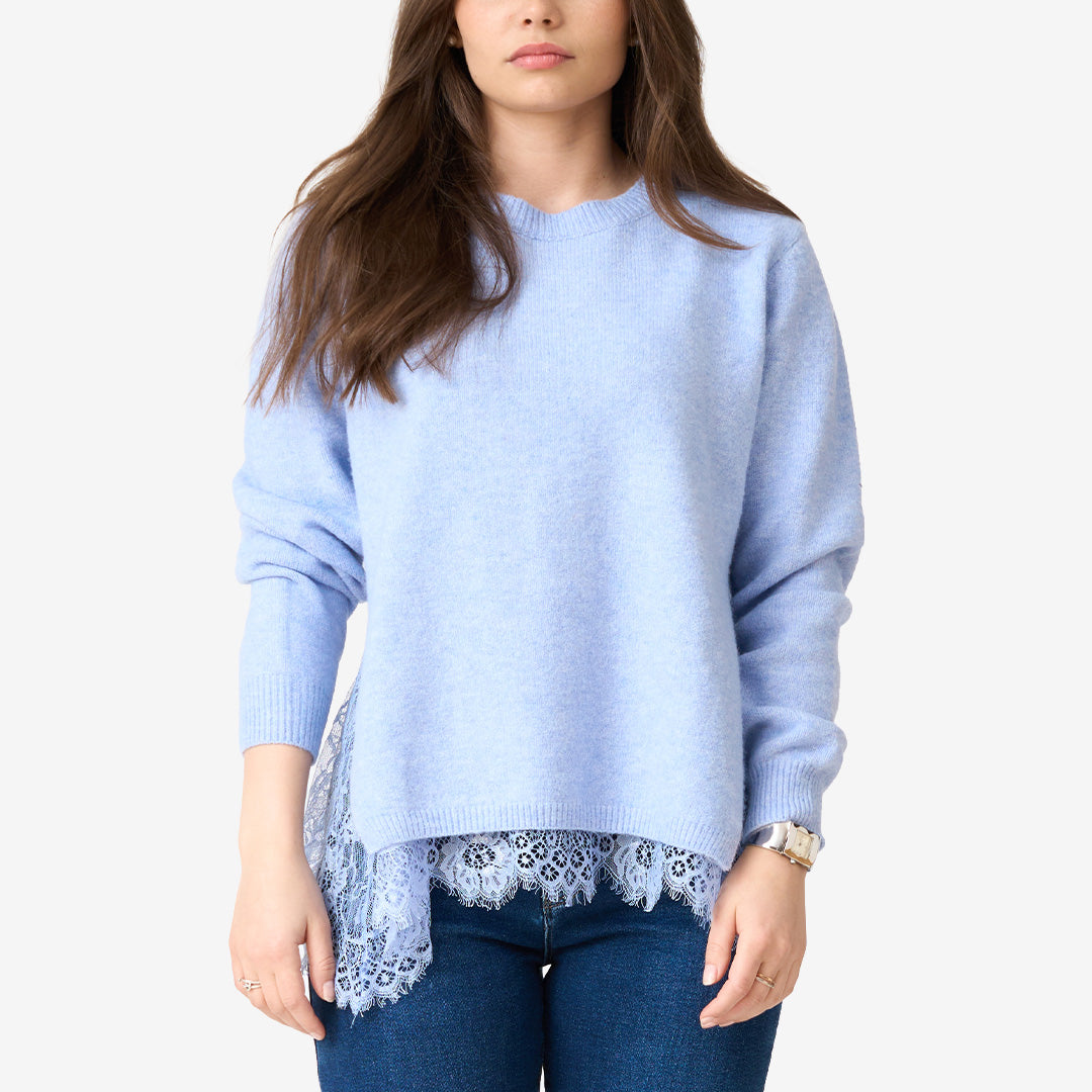 Ljusblå stickad tröja med spetsdetaljer modell JP-8388