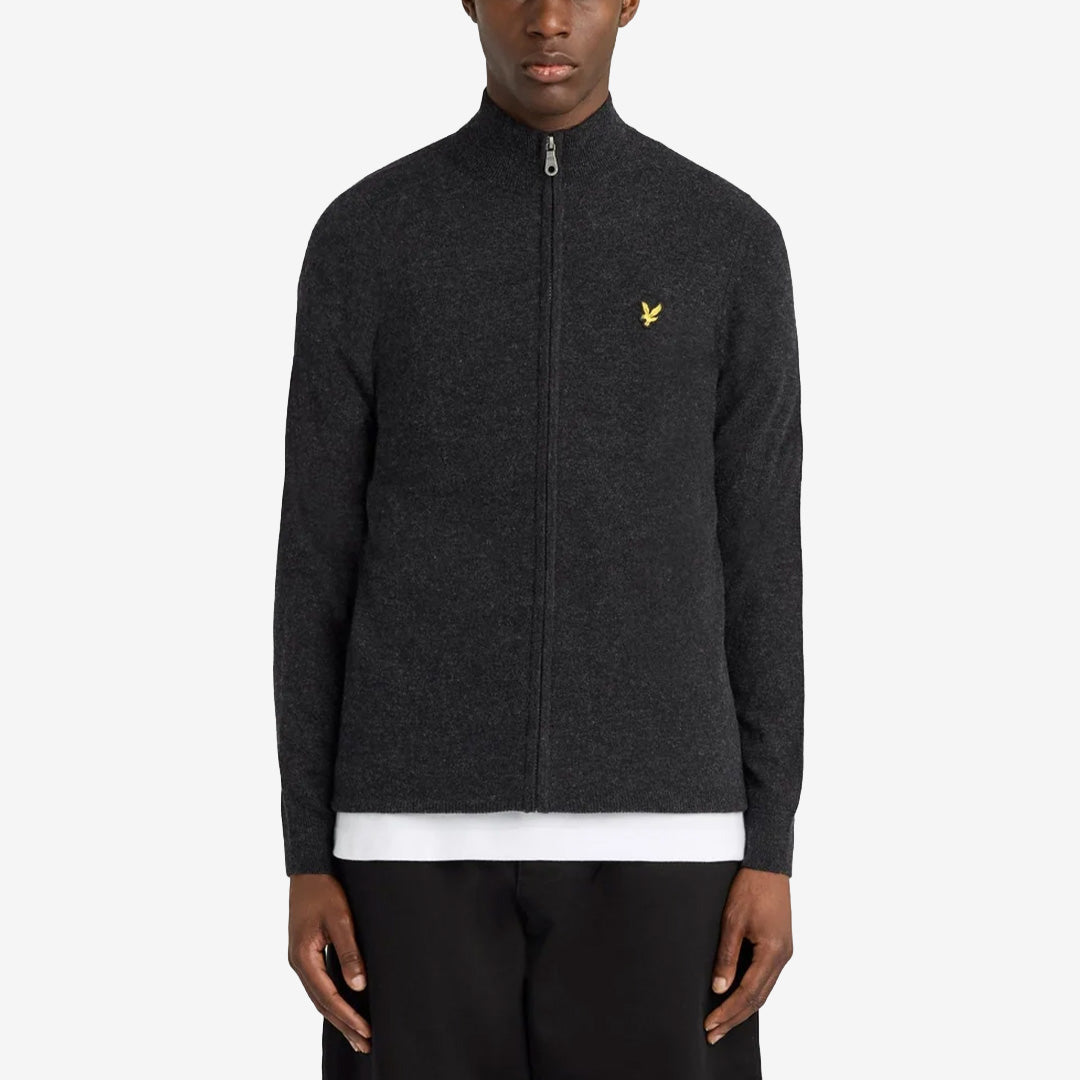 Lyle & Scott Lambswool Blend Zip Through Cardigan Jet Black Marl stickad kofta med dragkedja i lammullsblandning