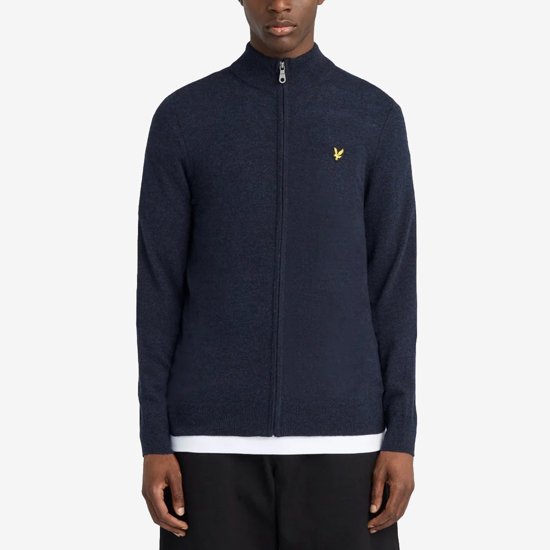 Lyle & Scott Lambswool Blend Zip Through Cardigan Dark Navy Marl stickad kofta med dragkedja i lammullsblandning