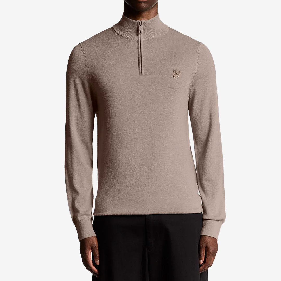 Lyle & Scott Tonal Eagle Merino Quarter Zip Jumper – grå merinoulltröja med 1/4-zip och ståkrage