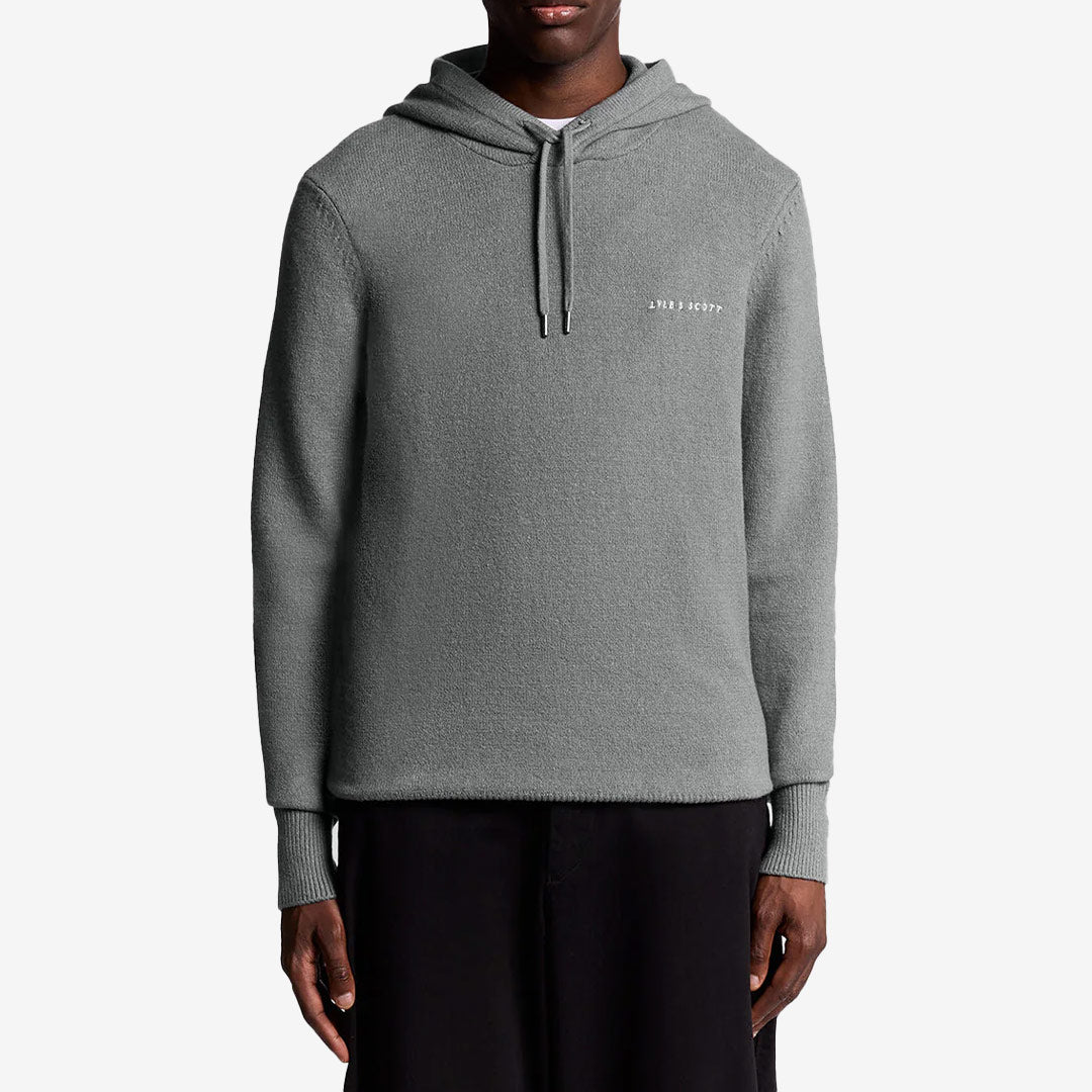 Lyle & Scott Script Knitted Hoodie – grå stickad hoodie med dragsko och subtil logotyp
