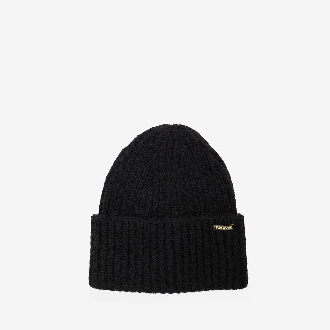 Barbour Meryl Beanie mössa i Black med chunky stickning, uppvikt kant och diskret Barbour-märkning.