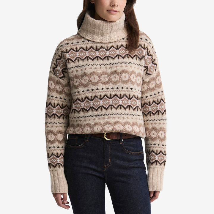 Barbour Helen Roll-Neck Jumper stickad tröja för dam i Birch Multi med Fair Isle-mönster och oversized polokrage.