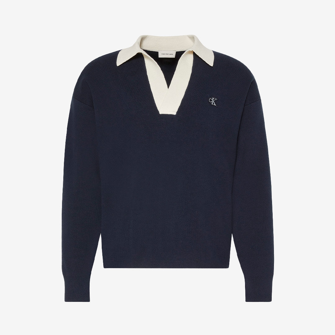 Långärmad Piké Från Calvin Klein, Vit krage och vit broderad logga på bröstet