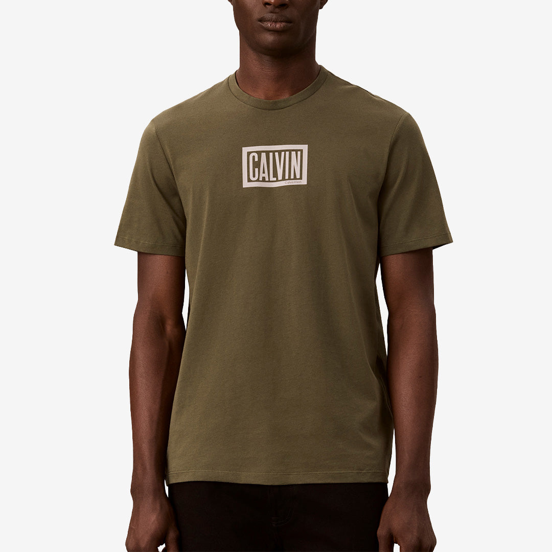 Calvin Klein Boxed Graphic T-Shirt för herr i beige olive med rund halsringning, boxig passform och grafiskt logotryck.
