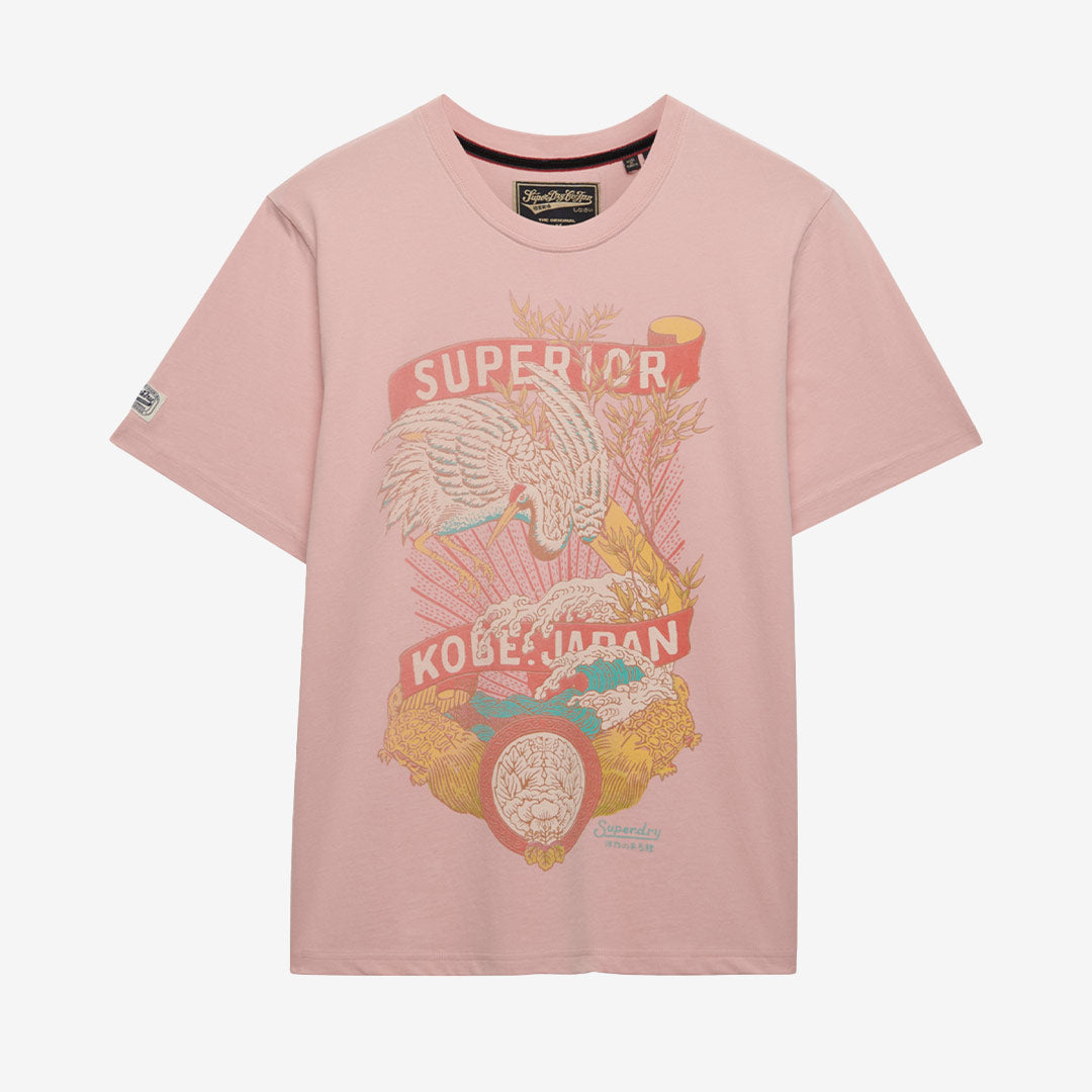 Superdry M1012235A Vintage Logo Tokyo Relaxed Tee i rosa med grafiskt tryck och avslappnad passform för dam