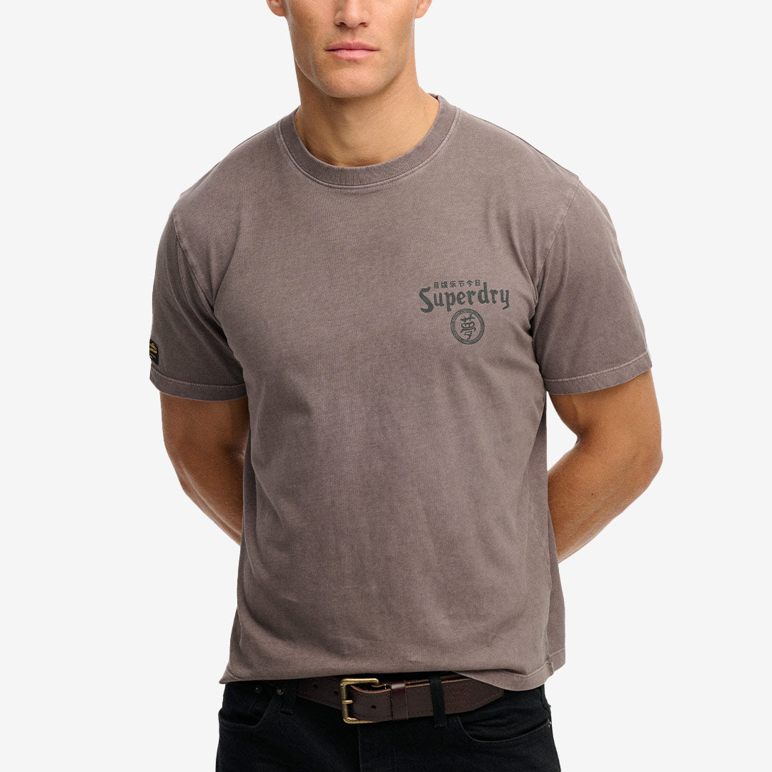 Superdry Tokyo Narrative Loose Tee – grå t-shirt i bomull med grafiskt tryck och lös passform