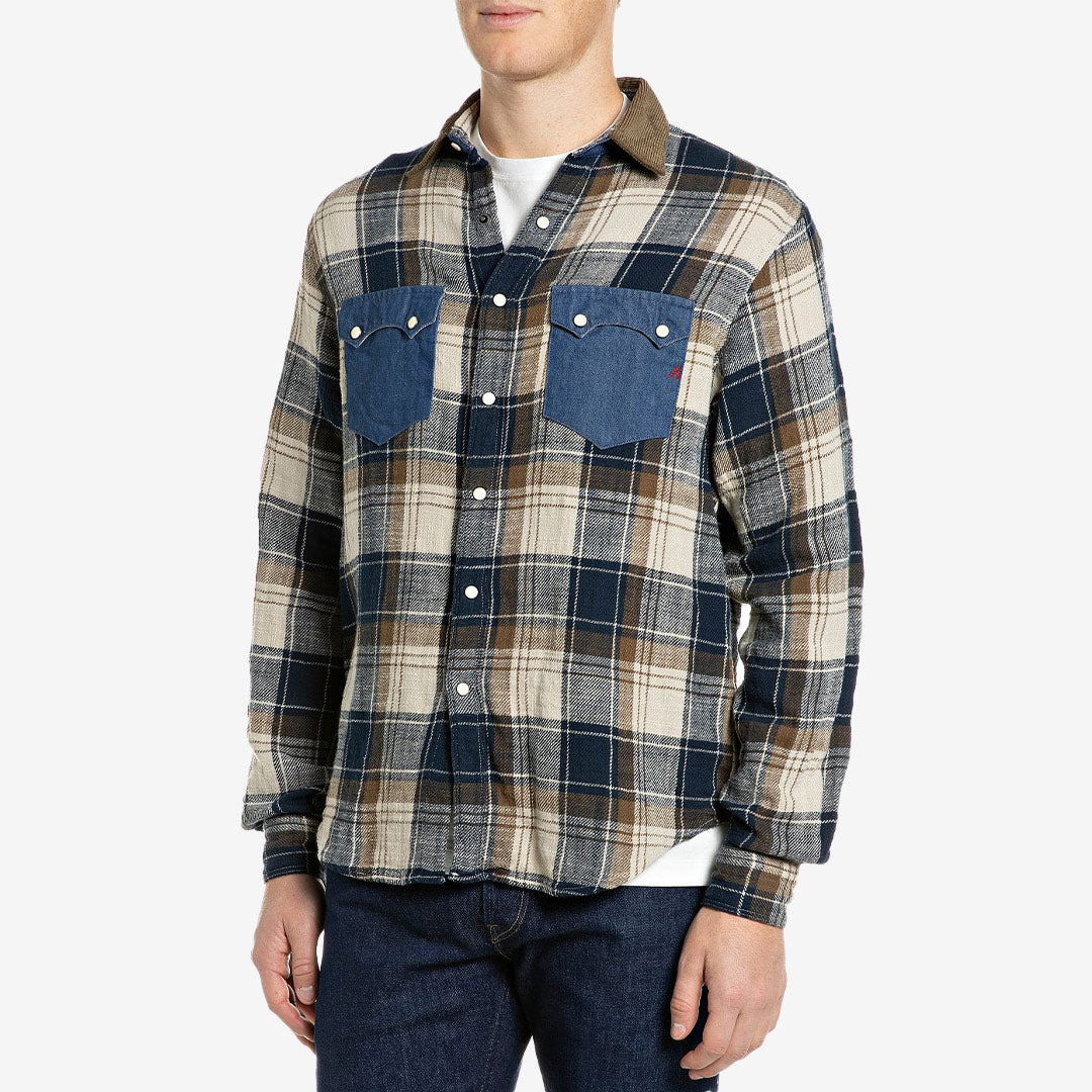 Replay M13MJ flanellskjorta herr White Navy Brown Check med denimfickor
