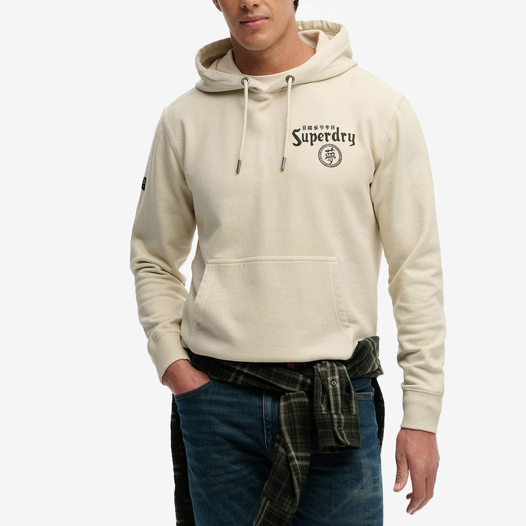 Superdry Tokyo Narrative Loose Hood Rainy Day Grey grå hoodie med tryck