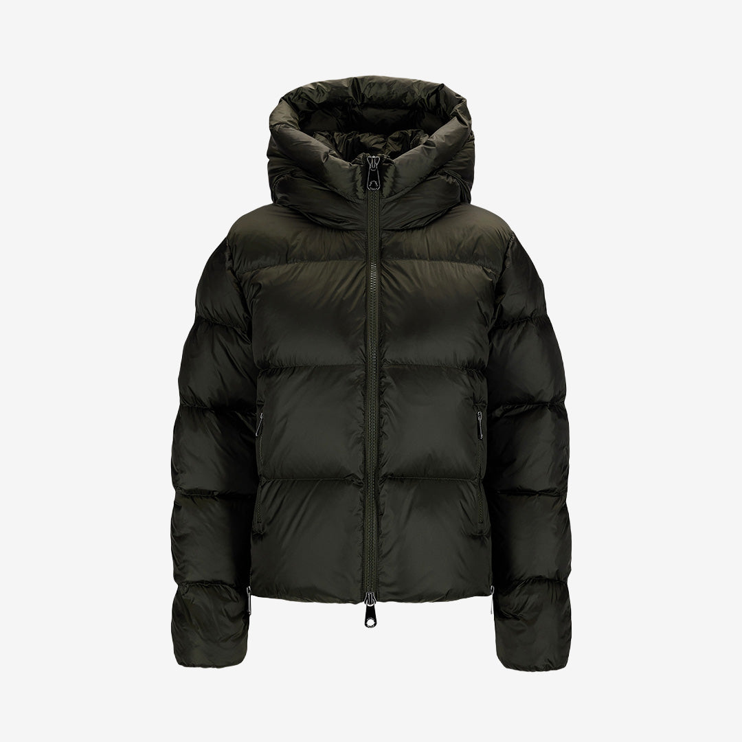 Monel Val Cenis Short vinterjacka för dam i Dark Green, mörkgrön dunjacka med kroppsnära passform, huva och tvåvägsdragkedja.