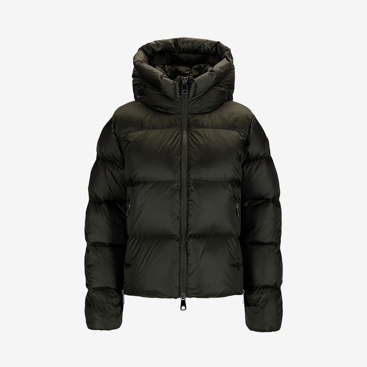Monel Val Cenis Short vinterjacka för dam i Dark Green, mörkgrön dunjacka med kroppsnära passform, huva och tvåvägsdragkedja.