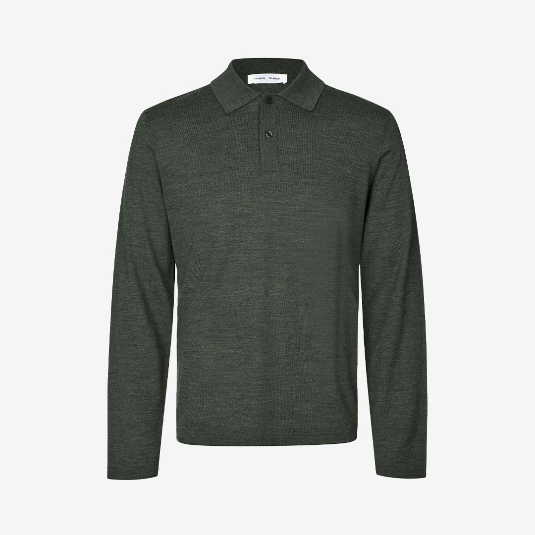 Sarowan långärmad polo i mörkgrön melange, merinoull och återvunnen polyester