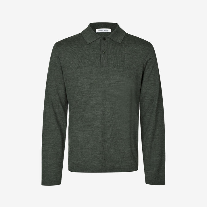 Sarowan långärmad polo i mörkgrön melange, merinoull och återvunnen polyester