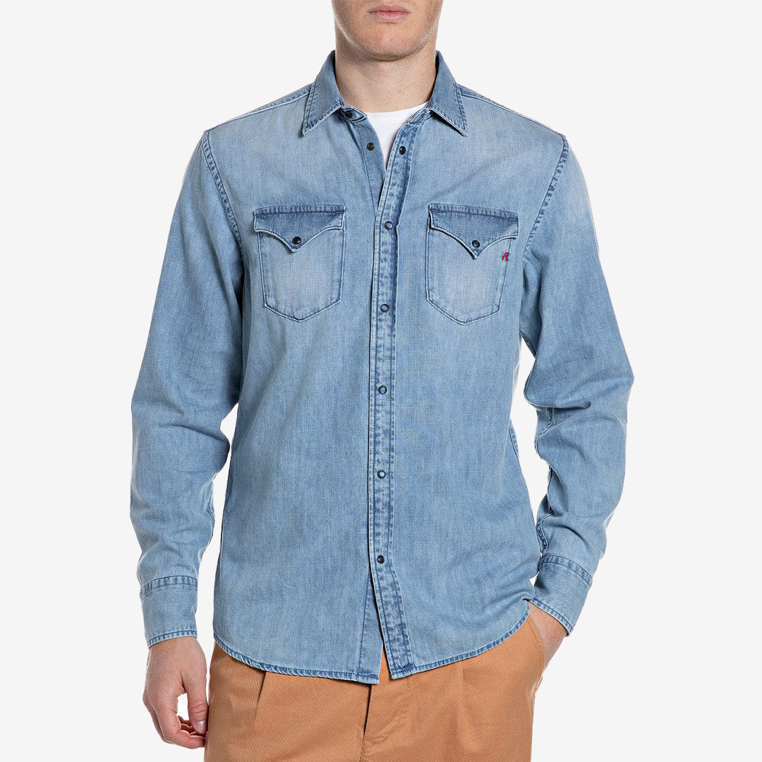 Replay denimskjorta deep blue herr i bomull med regular fit