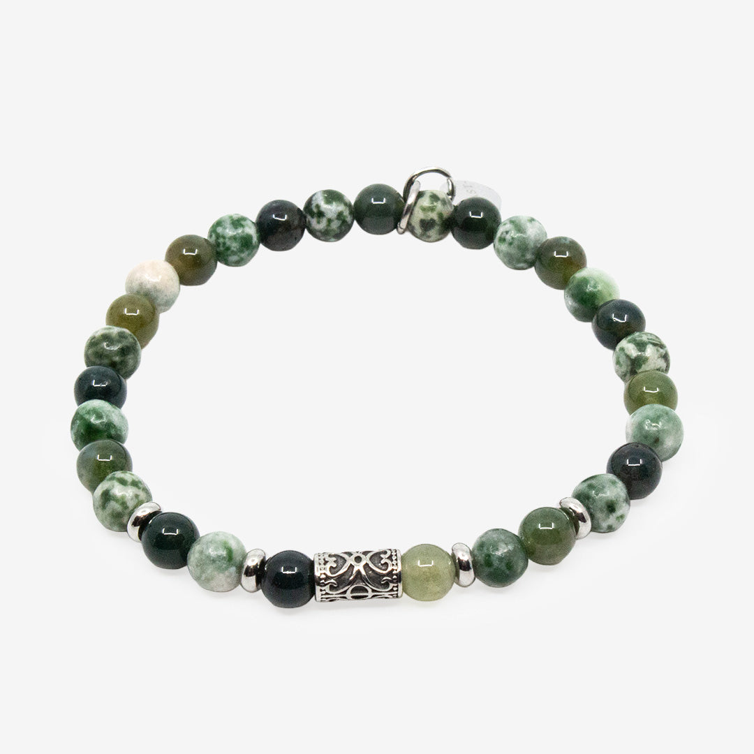 Elastiskt armband från 7East med gröna och mixade ädelstenar och detaljer i rostfritt stål modell M613B Bluff Bracelet