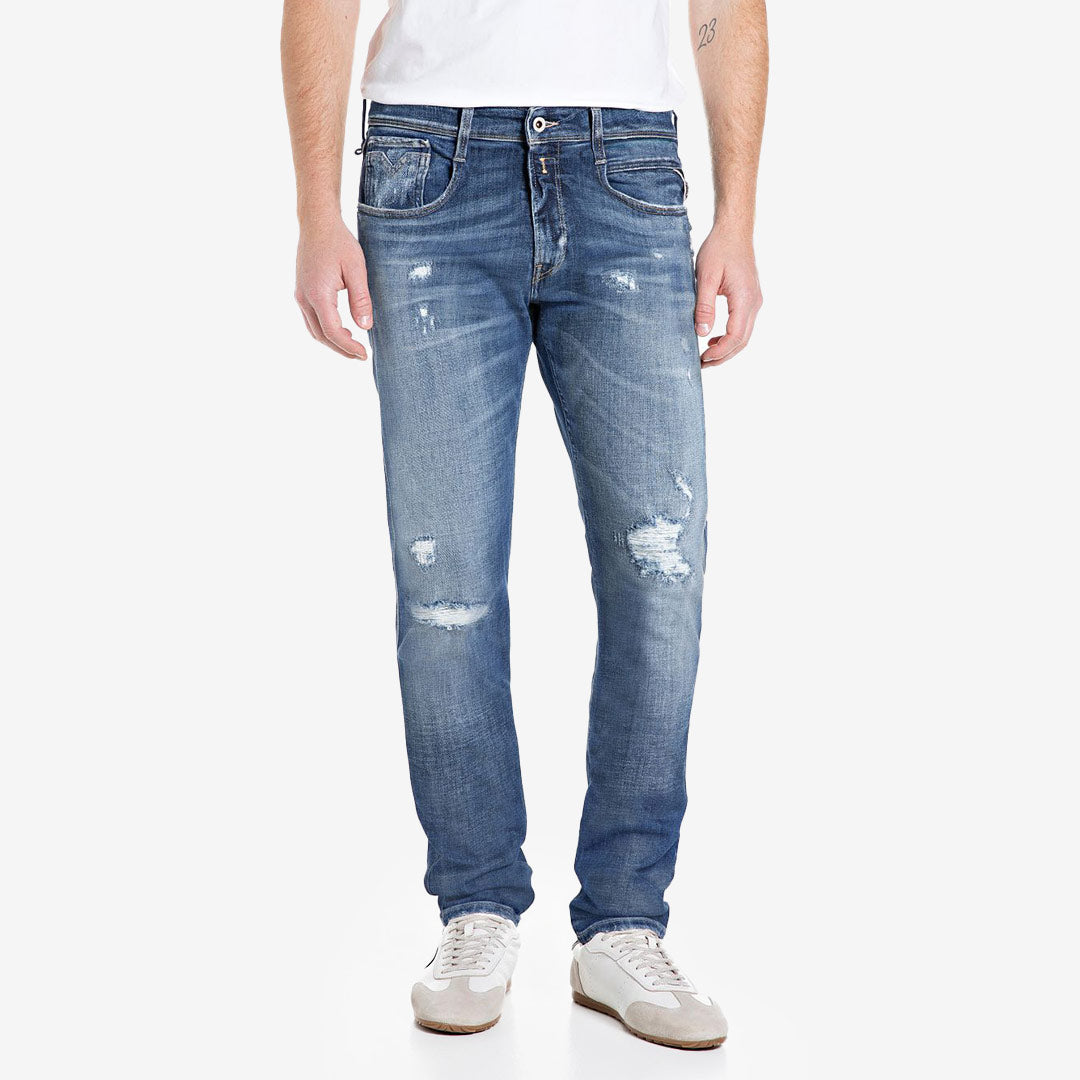 Replay Anbass jeans medium blue med slitningar  slim fit herr i stretchdenim