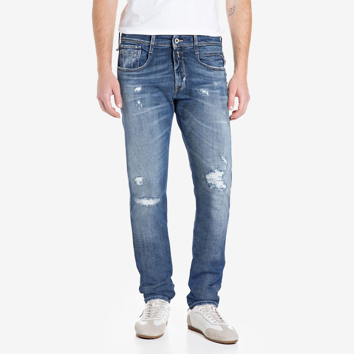 Replay Anbass jeans medium blue med slitningar  slim fit herr i stretchdenim
