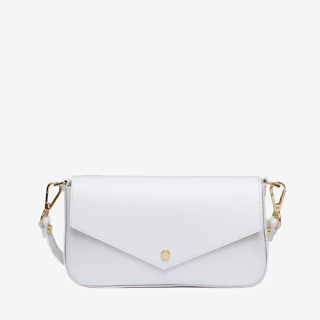 Latalia Mini-kuvert Väska vit i läder med kort axelrem, avtagbar kedjerem, magnetknapp och innerficka