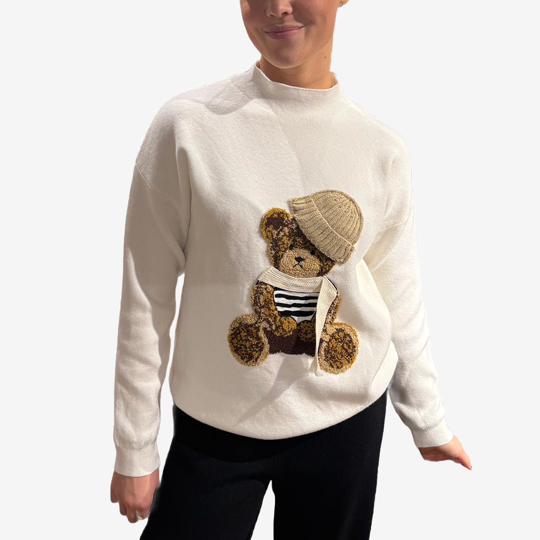 Stickad tröja beige MM97 med nallemotiv på framsidan.