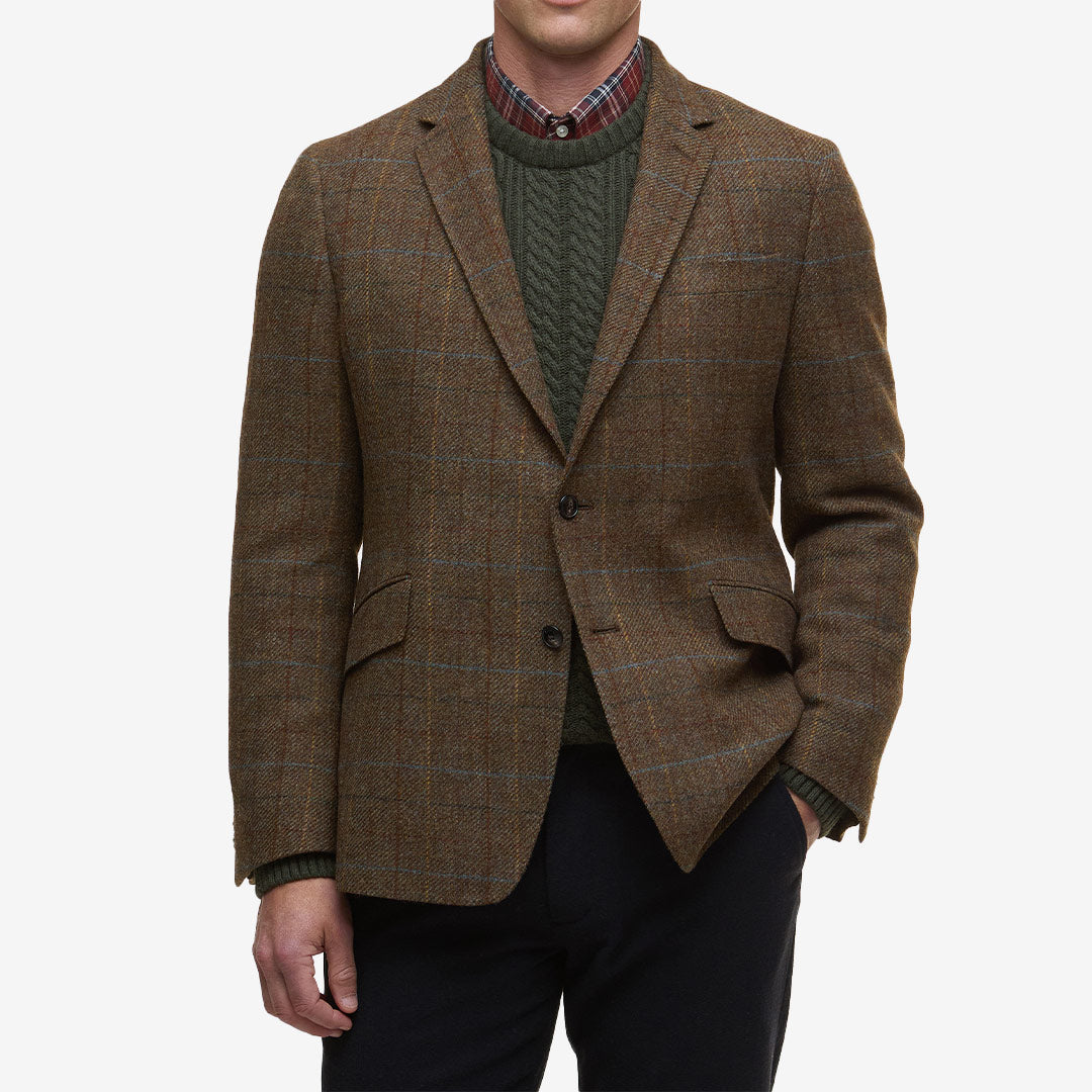 Barbour Sullivan Moons Check Blazer – brun rutmönstrad ullkavaj med enkelknäppning och klassiska detaljer