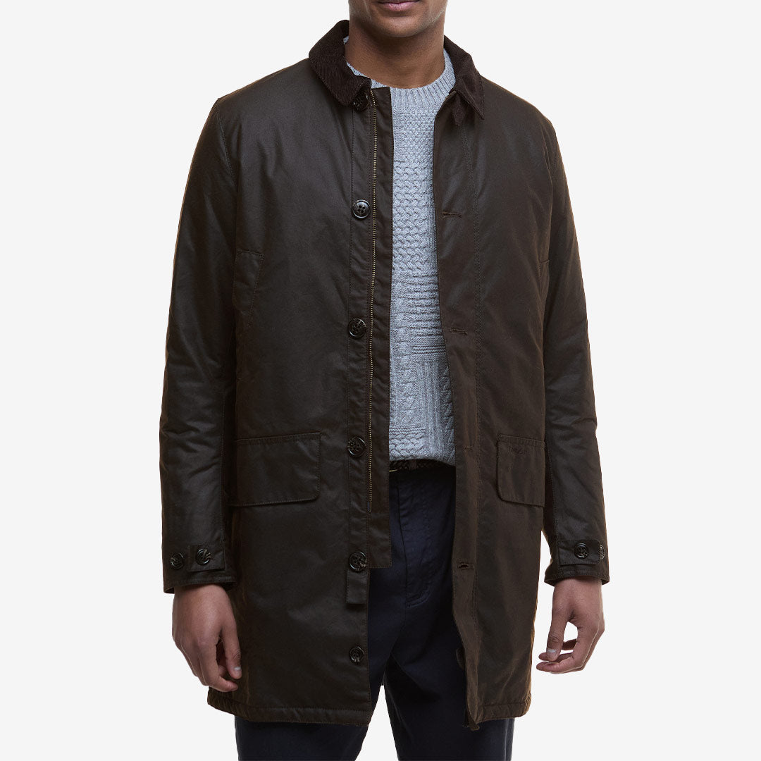 Barbour Wax Mac – mörkbrun vaxad bomullsjacka med tartanfoder och quiltad insida