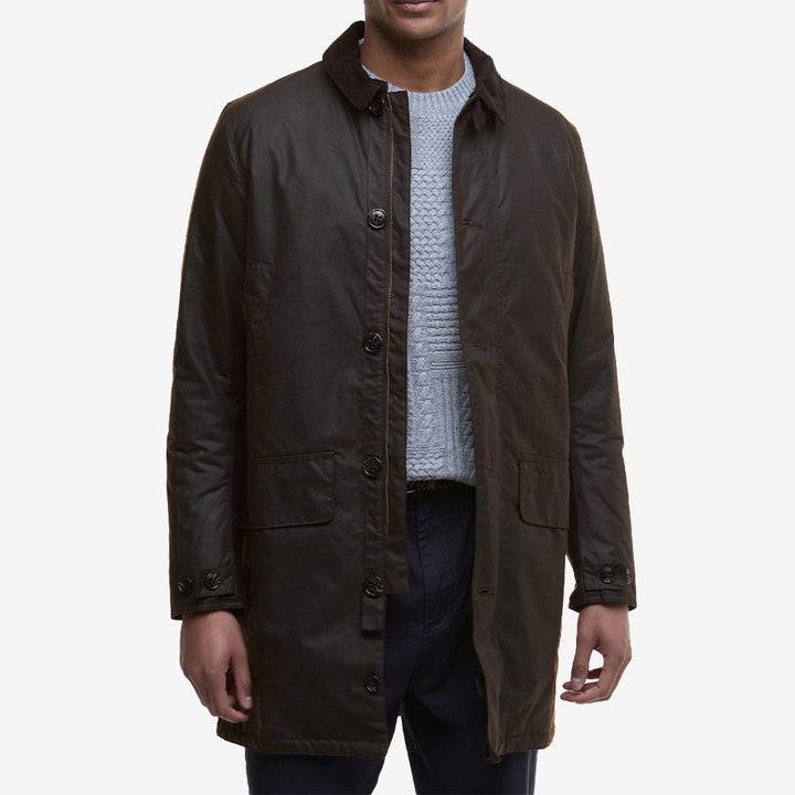 Barbour Wax Mac – mörkbrun vaxad bomullsjacka med tartanfoder och quiltad insida