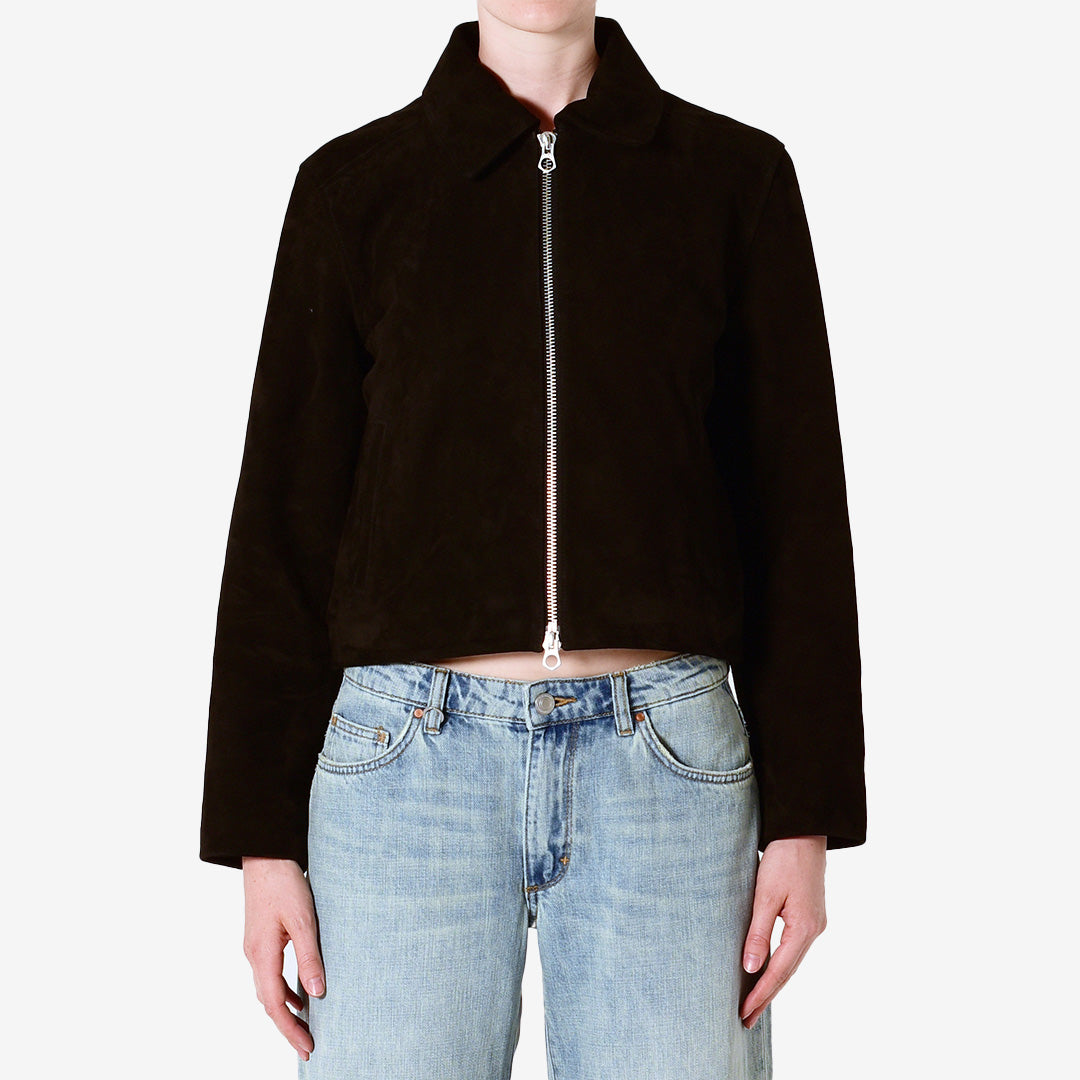 Svart mockajacka i läder med dragkedja framtill – Suede Zip Jacket